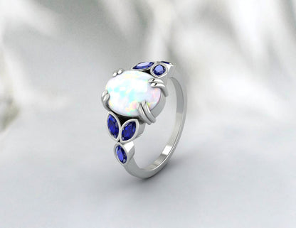 Natural Fire Opal Ring Blue Sapphire Ring Dainty Mom Jewelry Gift