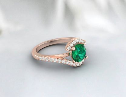 Green Emerald Engagement Ring Silver Ring Bypass Emerald Wedding Ring