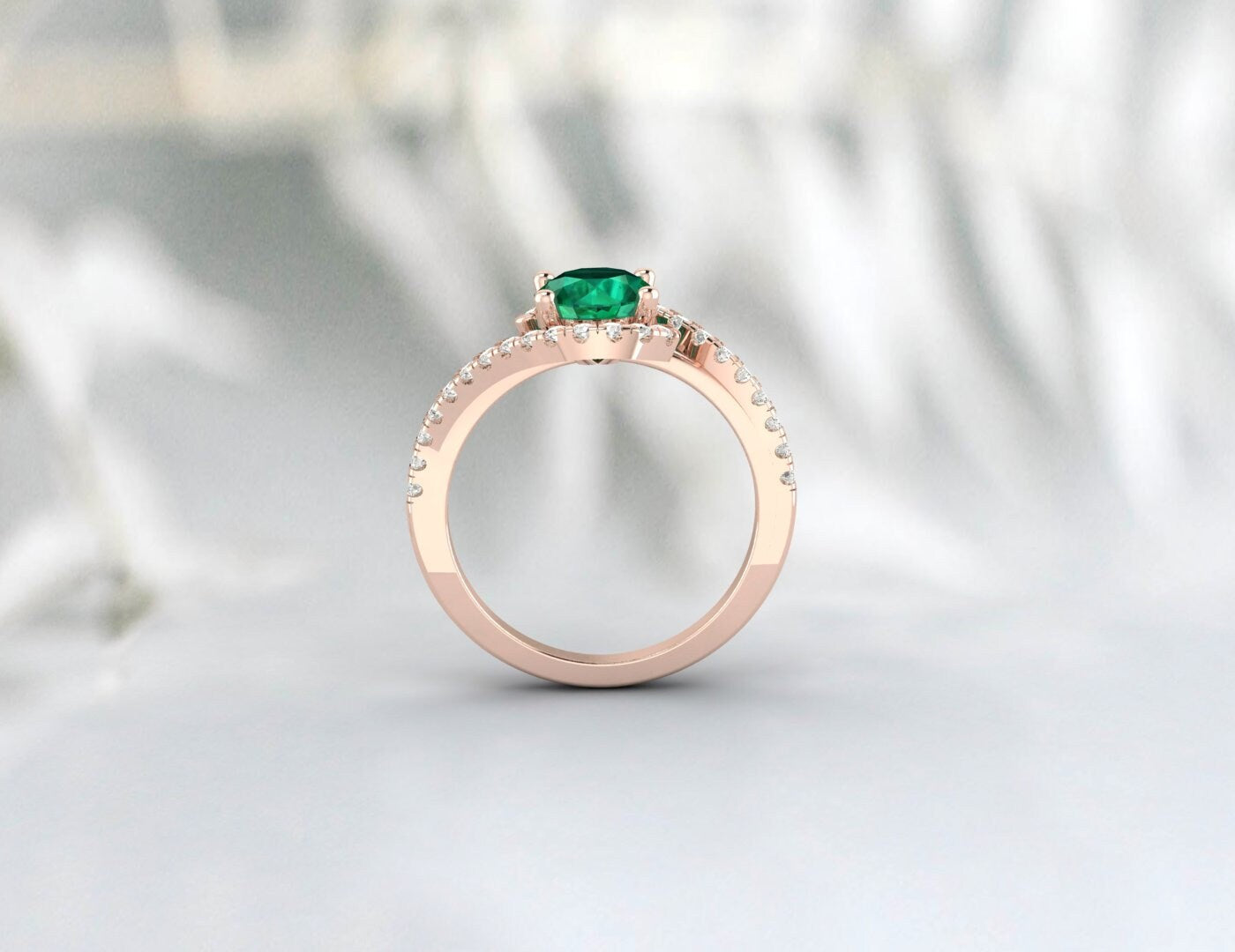 Green Emerald Engagement Ring Silver Ring Bypass Emerald Wedding Ring