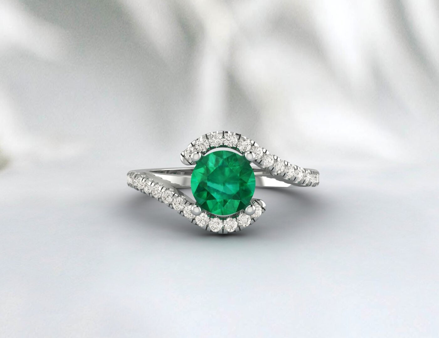 Green Emerald Engagement Ring Silver Ring Bypass Emerald Wedding Ring