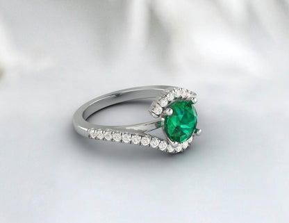 Green Emerald Engagement Ring Silver Ring Bypass Emerald Wedding Ring