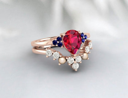 Vintage teardrop ruby engagement ring Band set blue sapphire freshwater pearl matching rings