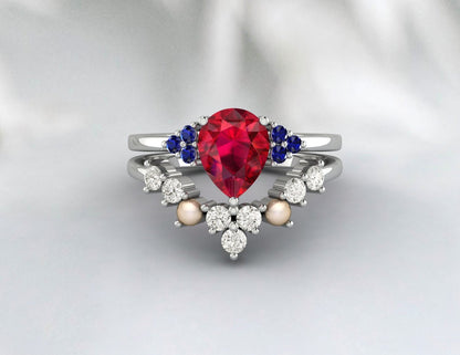 Vintage teardrop ruby engagement ring Band set blue sapphire freshwater pearl matching rings