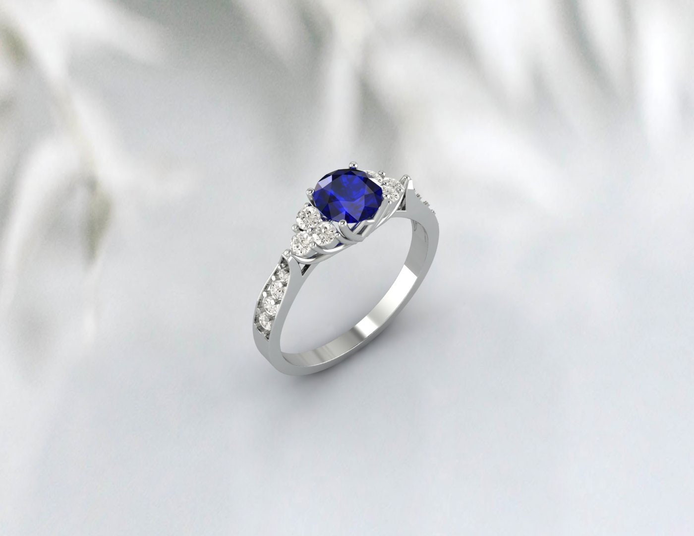 Round Sapphire Ring 14k White Gold September Birthstone Treo set Engagement Ring