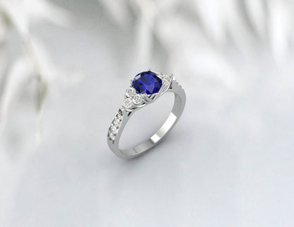 Round Sapphire Ring 14k White Gold September Birthstone Treo set Engagement Ring