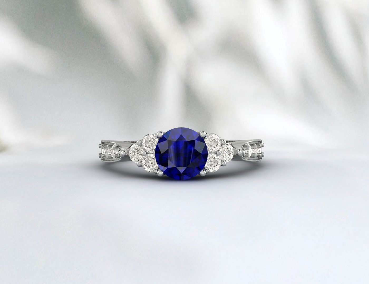 Round Sapphire Ring 14k White Gold September Birthstone Treo set Engagement Ring