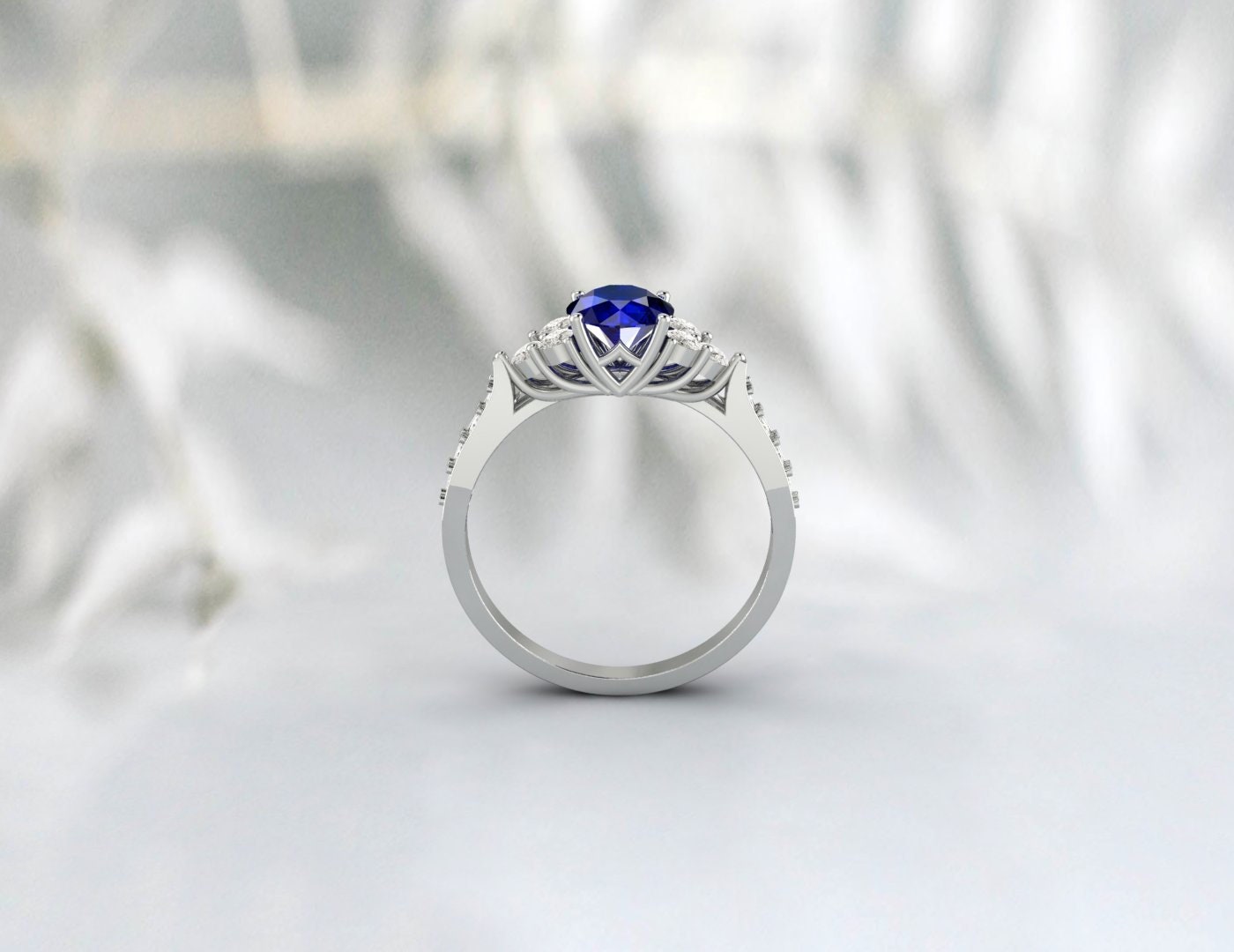 Round Sapphire Ring 14k White Gold September Birthstone Treo set Engagement Ring