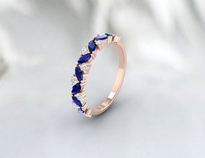 Bague de fiançailles en grappe de mariage avec saphir bleu taille marquise