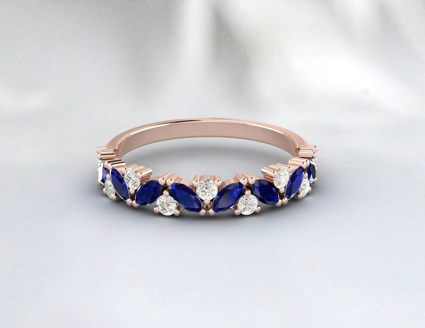 Bague de fiançailles en grappe de mariage avec saphir bleu taille marquise