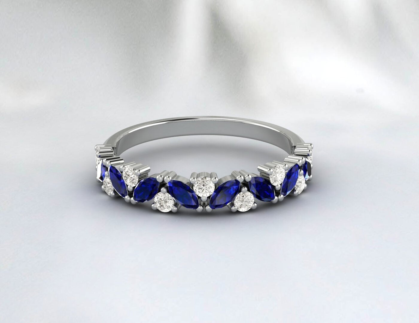 Marquise Cut Blue Sapphire Wedding Band Cluster Engagement Ring