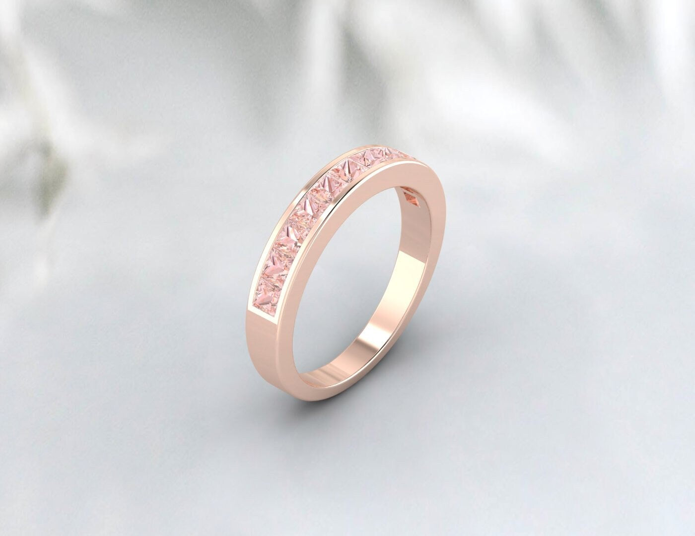 Bague de mariage en morganite pêche taille princesse en or rose 14 carats