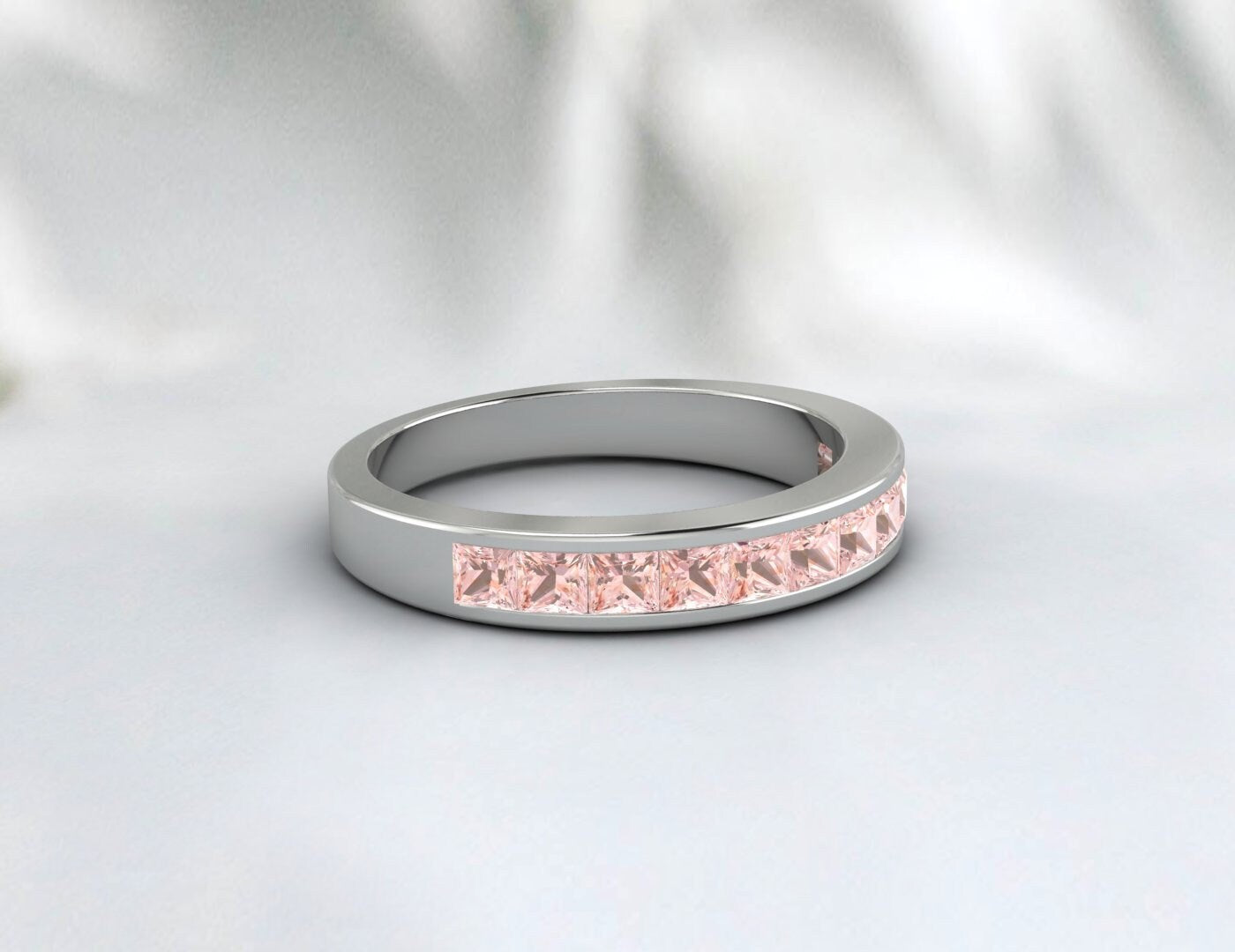 Princess Cut  Peach Morganite Band 14k Rose Gold Ring Wedding Band