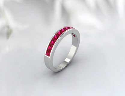 Princess Cut Ruby Band July Birthstone Half Eternity Wedding Band