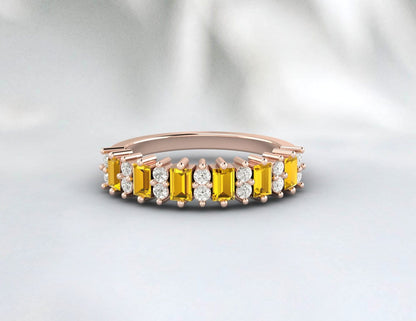 Baguette Yellow Citrine Wedding Band For Women Half Eternity Band