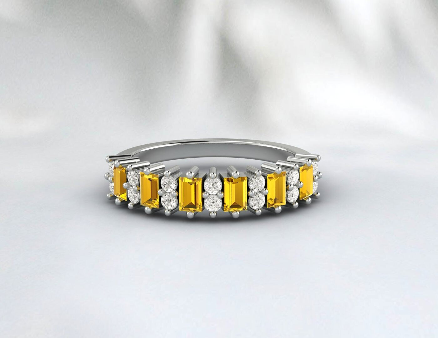 Baguette Yellow Citrine Wedding Band For Women Half Eternity Band