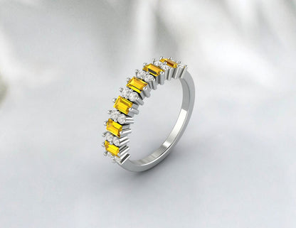 Baguette Yellow Citrine Wedding Band For Women Half Eternity Band