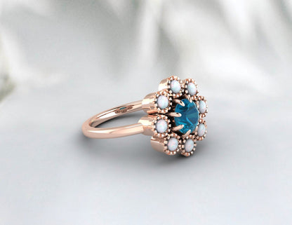 London Blue Topaz and Opal Sunflower Ring, November Birthstone ring, Wedding Band, Enagagement ring for women, gift for her