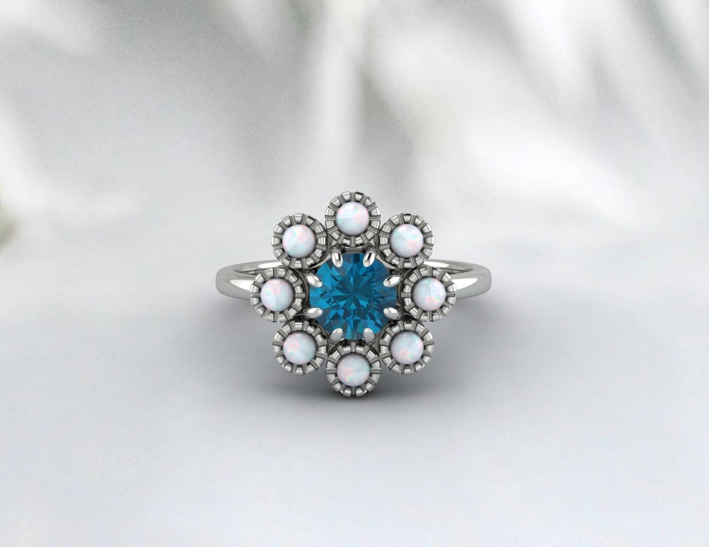 Bague topaze bleue de Londres et tournesol opale, bague de pierre de naissance de novembre, alliance, bague d'engagement pour femmes, cadeau pour elle