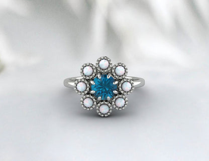 London Blue Topaz and Opal Sunflower Ring, November Birthstone ring, Wedding Band, Enagagement ring for women, gift for her