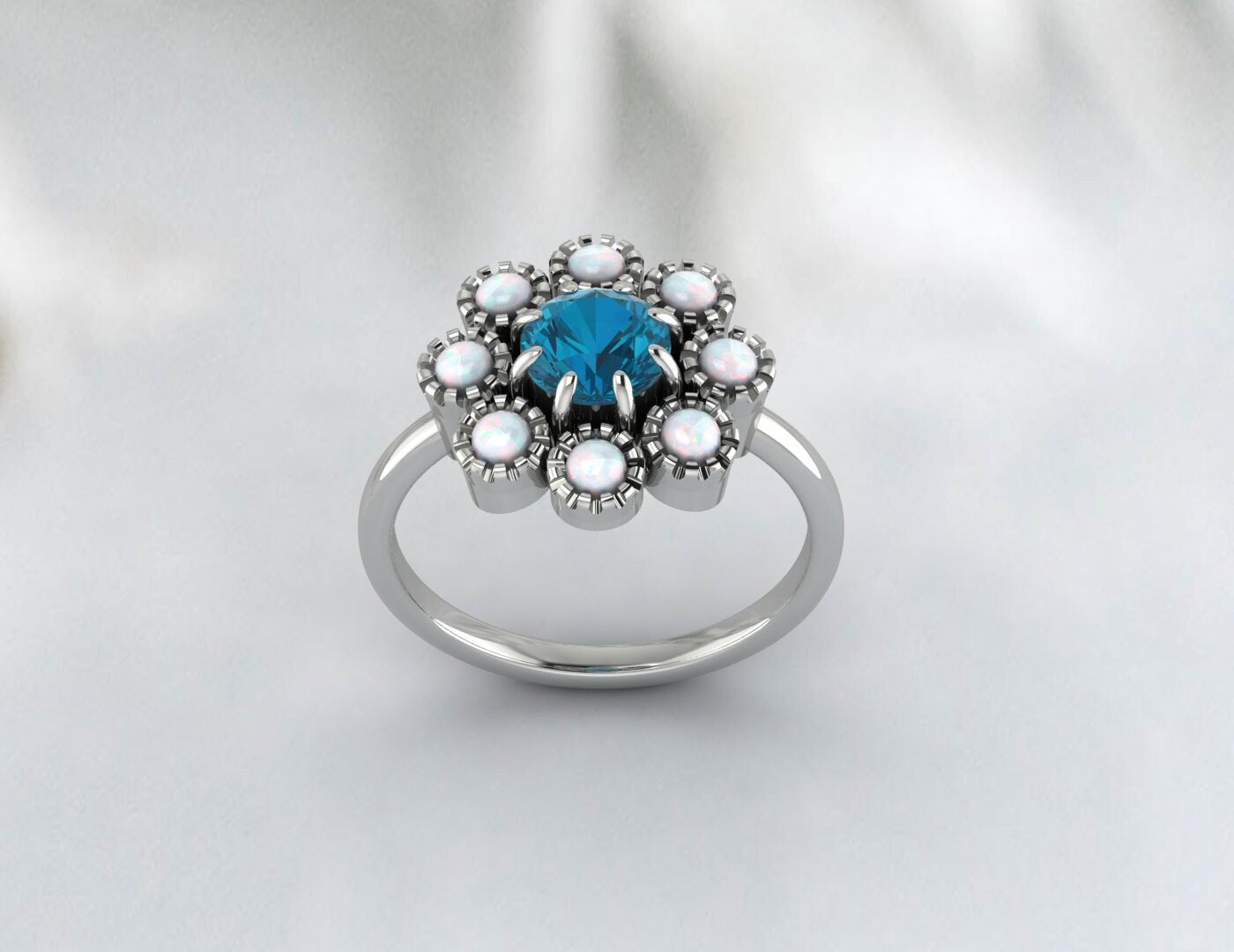 London Blue Topaz and Opal Sunflower Ring, November Birthstone ring, Wedding Band, Enagagement ring for women, gift for her