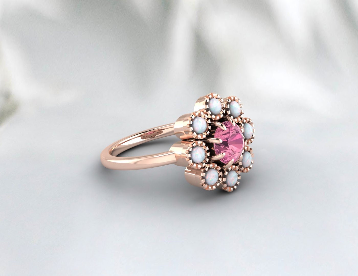 Opal & Pink Tourmaline Floral Ring, Gold Ring, 925 Sterling Silver Ring, October Birthstone Ring, Vintage Ring, Wedding Gift, Ring For Her