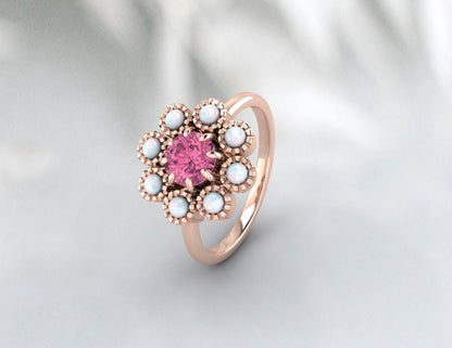 Opal & Pink Tourmaline Floral Ring, Gold Ring, 925 Sterling Silver Ring, October Birthstone Ring, Vintage Ring, Wedding Gift, Ring For Her