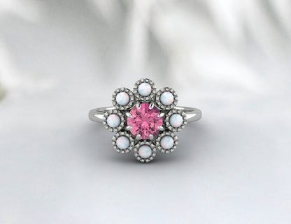 Opal & Pink Tourmaline Floral Ring, Gold Ring, 925 Sterling Silver Ring, October Birthstone Ring, Vintage Ring, Wedding Gift, Ring For Her