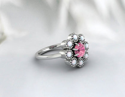 Opal & Pink Tourmaline Floral Ring, Gold Ring, 925 Sterling Silver Ring, October Birthstone Ring, Vintage Ring, Wedding Gift, Ring For Her