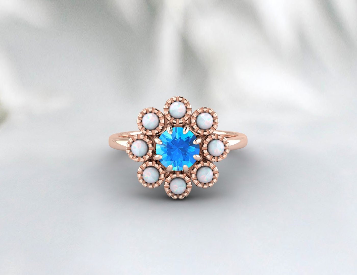 Opal&Swis Blue Topaz Sunflower Ring Antique Art Deco Engagement Ring