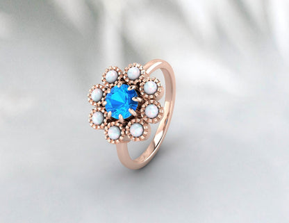 Opal&Swis Blue Topaz Sunflower Ring Antique Art Deco Engagement Ring