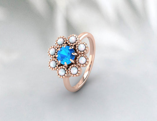 Opal&amp;Swis Blautopas Sonnenblumenring Antiker Art Deco Verlobungsring