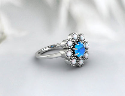 Opal&Swis Blue Topaz Sunflower Ring Antique Art Deco Engagement Ring