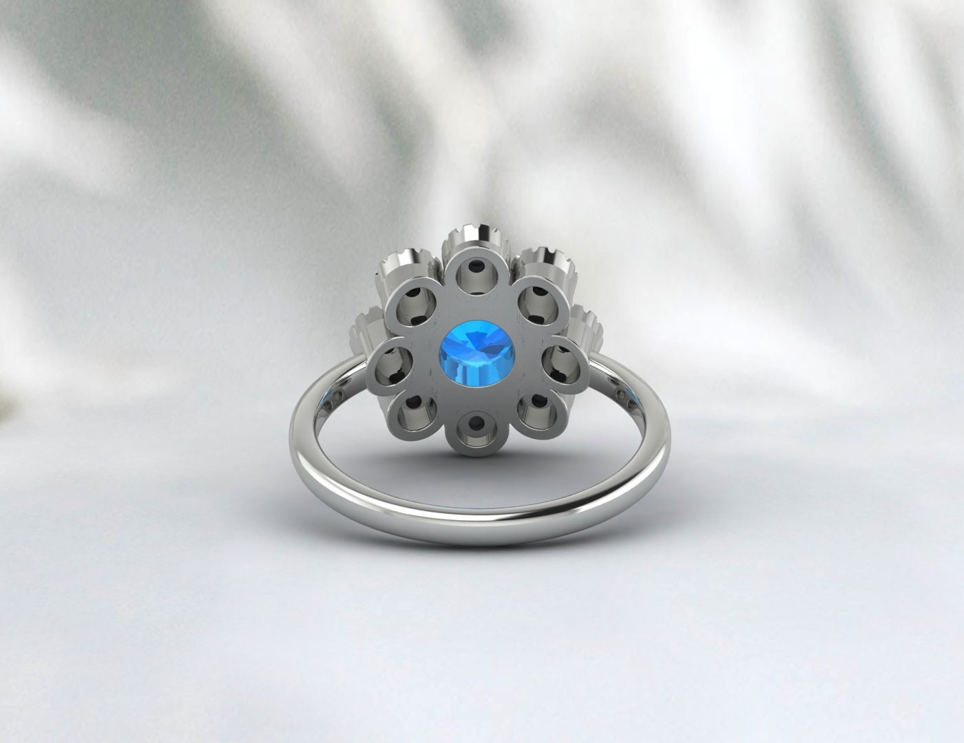 Opal&Swis Blue Topaz Sunflower Ring Antique Art Deco Engagement Ring