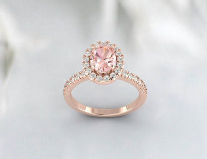 Bague de fiançailles ovale en morganite pêche, bague de fiançailles de mariage antique