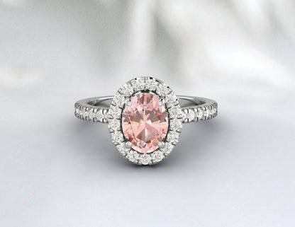 Bague de fiançailles ovale en morganite pêche, bague de fiançailles de mariage antique