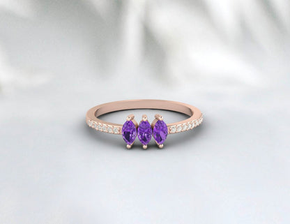 Alliance marquise améthyste et diamant pour femme, cadeau d'anniversaire