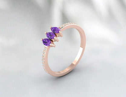 Alliance marquise améthyste et diamant pour femme, cadeau d'anniversaire