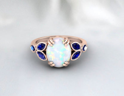 Natural Fire Opal Ring Blue Sapphire Ring Dainty Mom Jewelry Gift