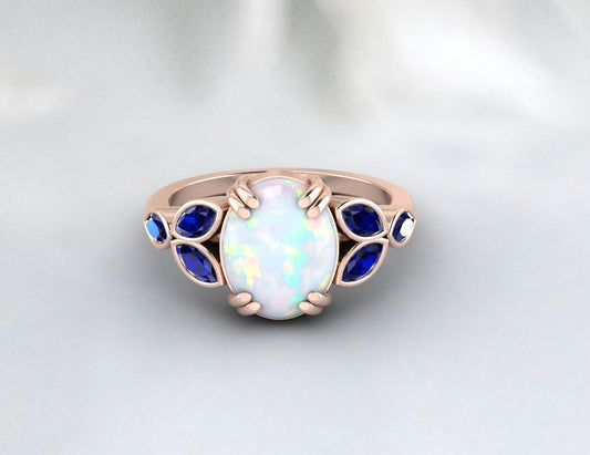 Natürlicher Feueropal Ring Blauer Saphir Ring zierlicher Schmuck Geschenk für Mama