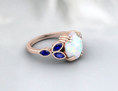 Natural Fire Opal Ring Blue Sapphire Ring Dainty Mom Jewelry Gift