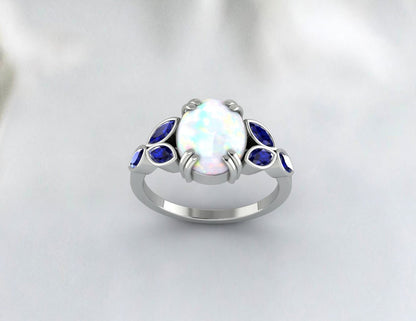 Natural Fire Opal Ring Blue Sapphire Ring Dainty Mom Jewelry Gift