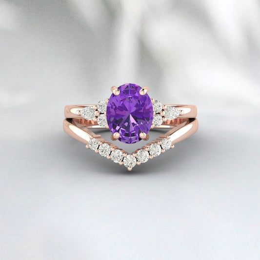 Natural Amethyst engagement ring Set Pear diamond wedding Bridal Band