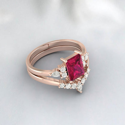 Bague de fiançailles rubis coupe radiante bande de mariée de mariage vintage unique