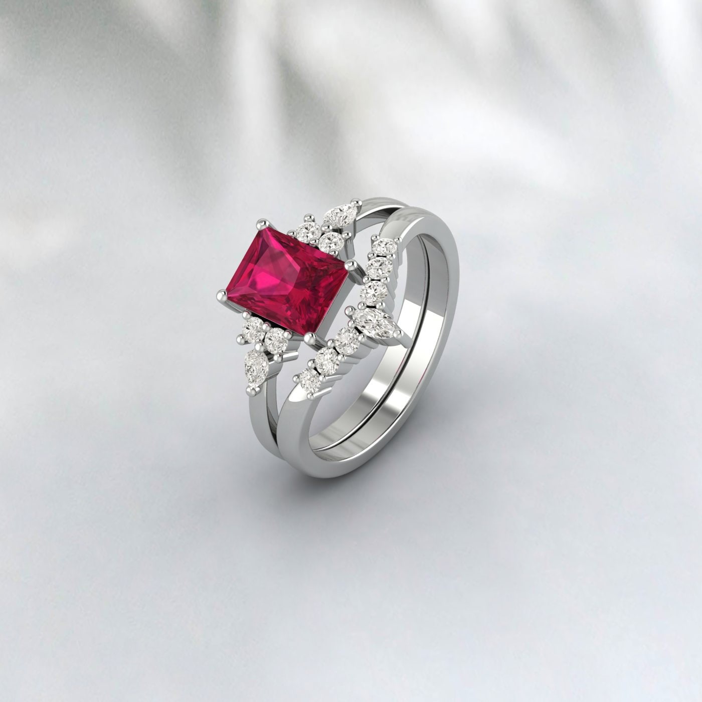 Bague de fiançailles rubis coupe radiante bande de mariée de mariage vintage unique