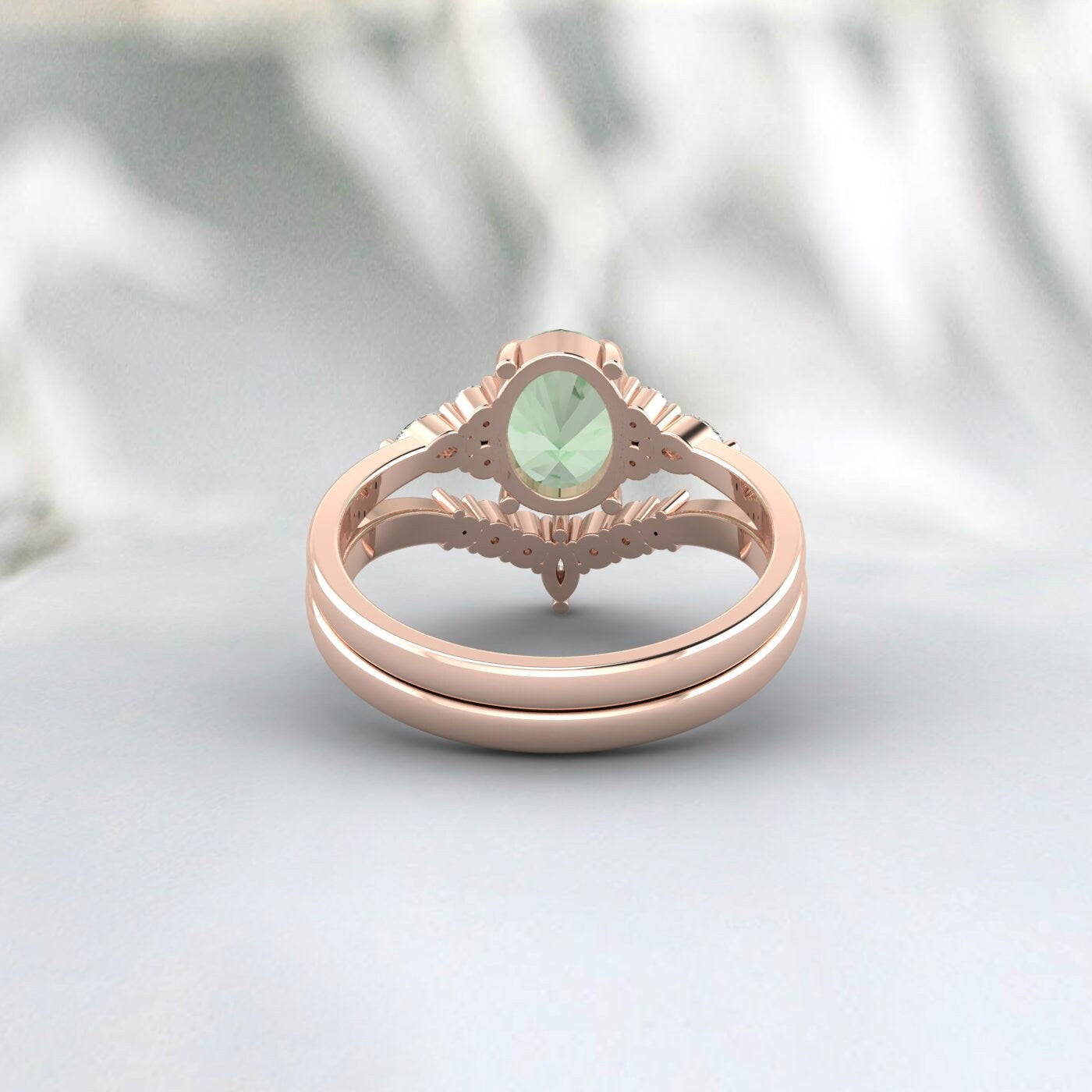 Natural Green Amethyst Engagement Set Oval Wedding Bridal Ring