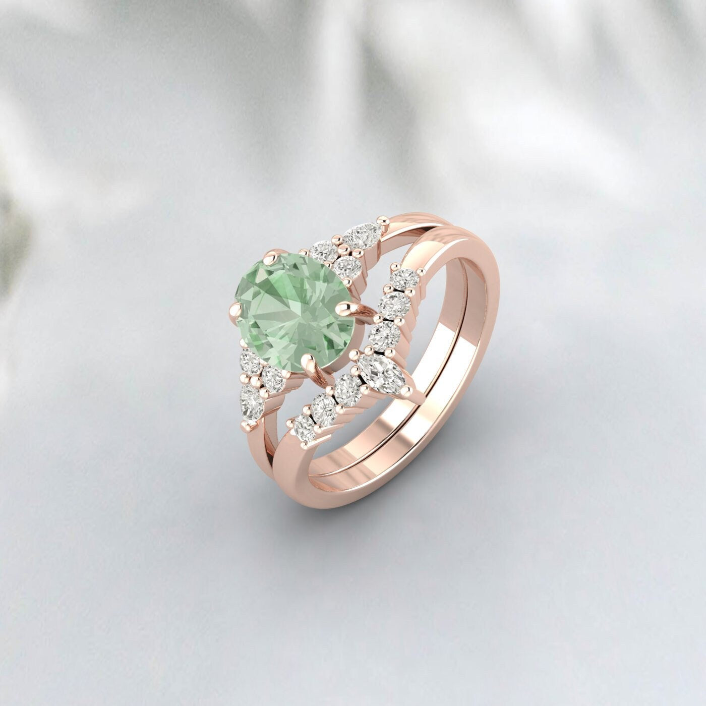 Natural Green Amethyst Engagement Set Oval Wedding Bridal Ring