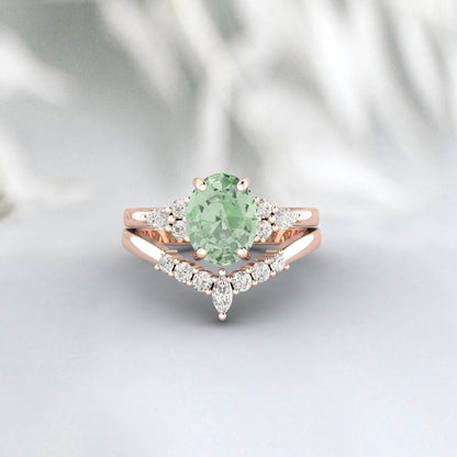 Natural Green Amethyst Engagement Set Oval Wedding Bridal Ring