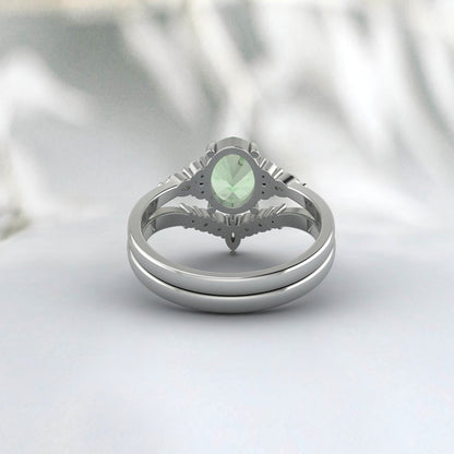 Natural Green Amethyst Engagement Set Oval Wedding Bridal Ring