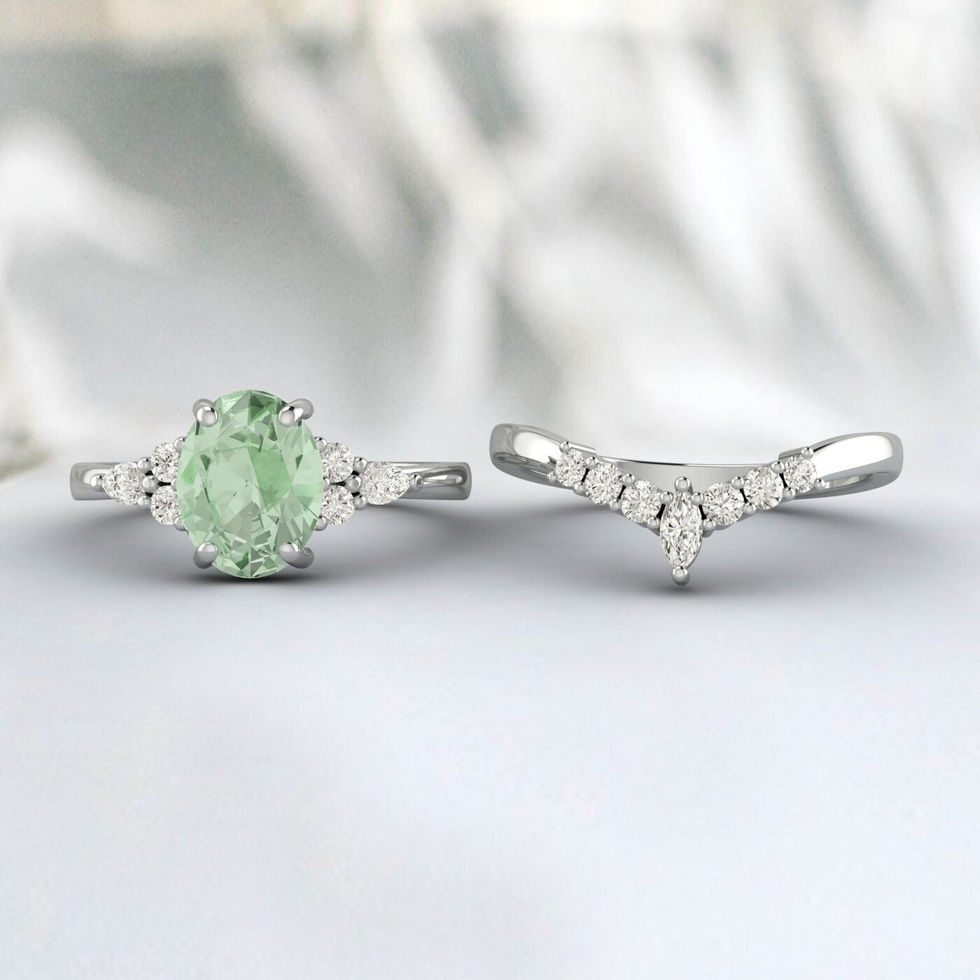 Natural Green Amethyst Engagement Set Oval Wedding Bridal Ring