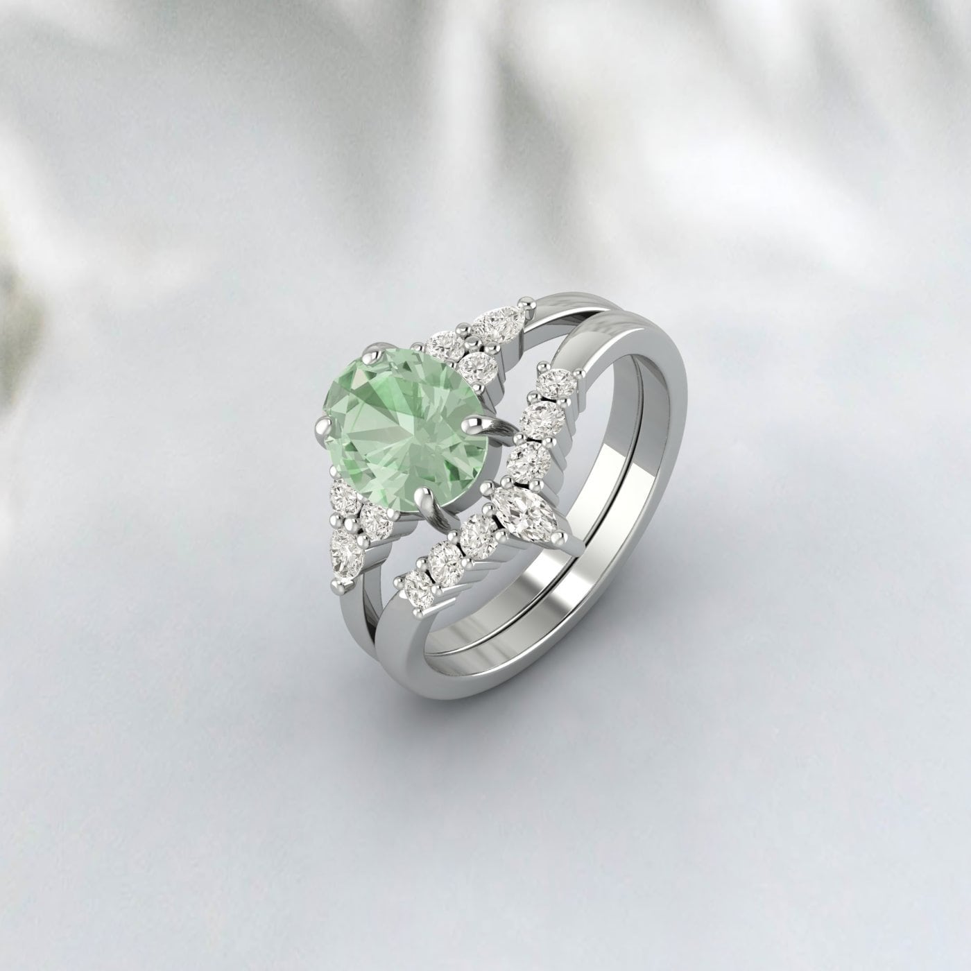 Natural Green Amethyst Engagement Set Oval Wedding Bridal Ring